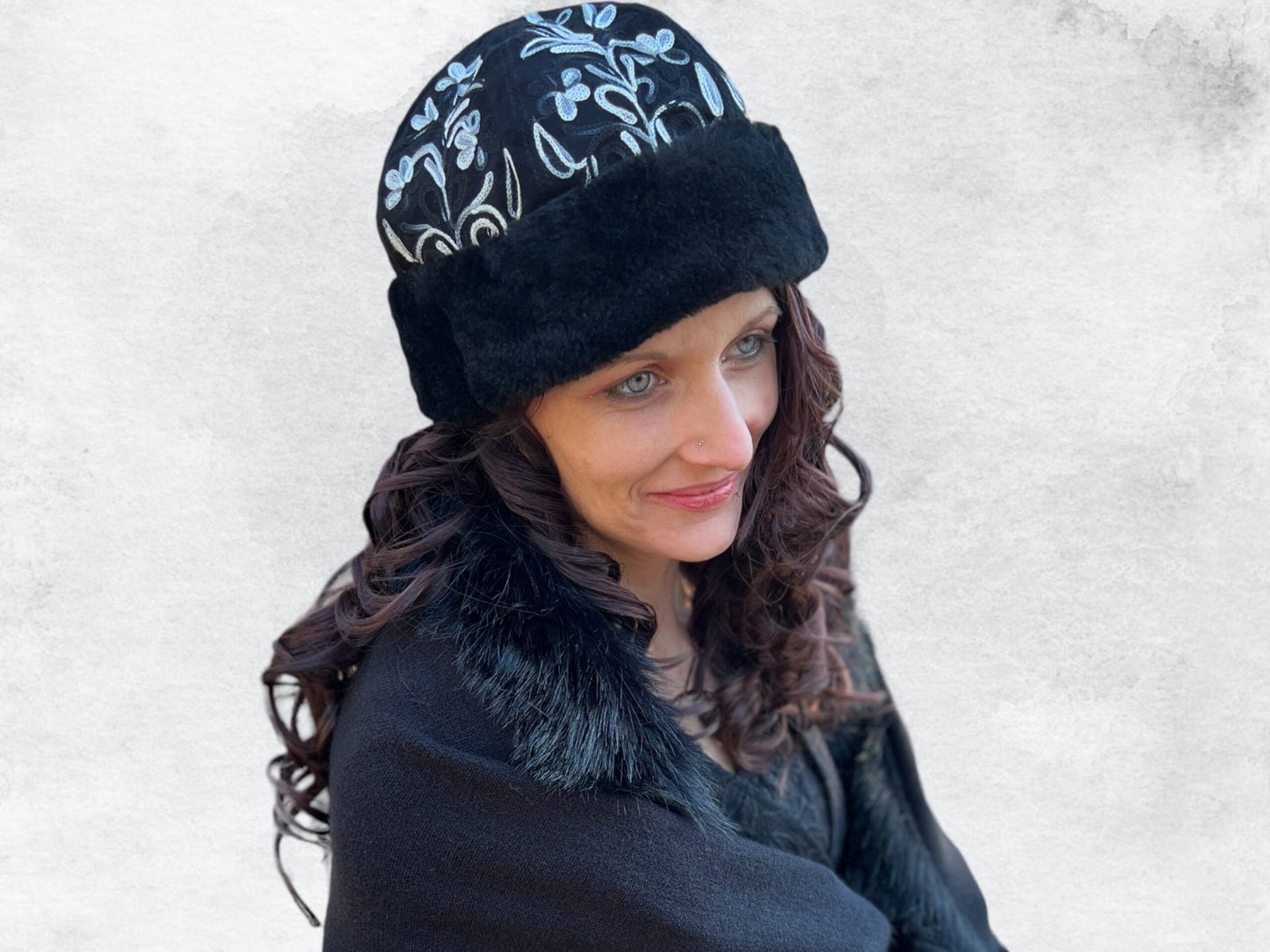 Handcrafted Black and White Suede Embroidered Hat-0