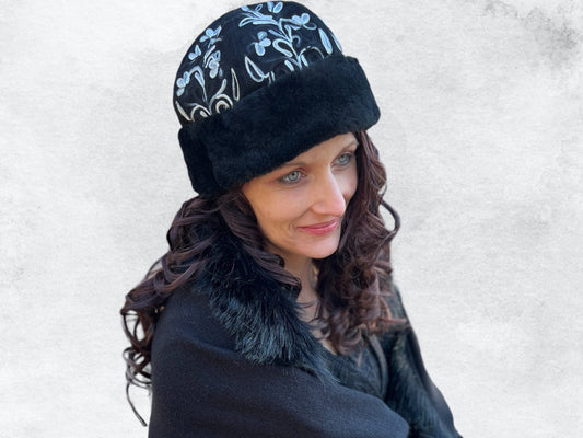 Handcrafted Black and White Suede Embroidered Hat-0