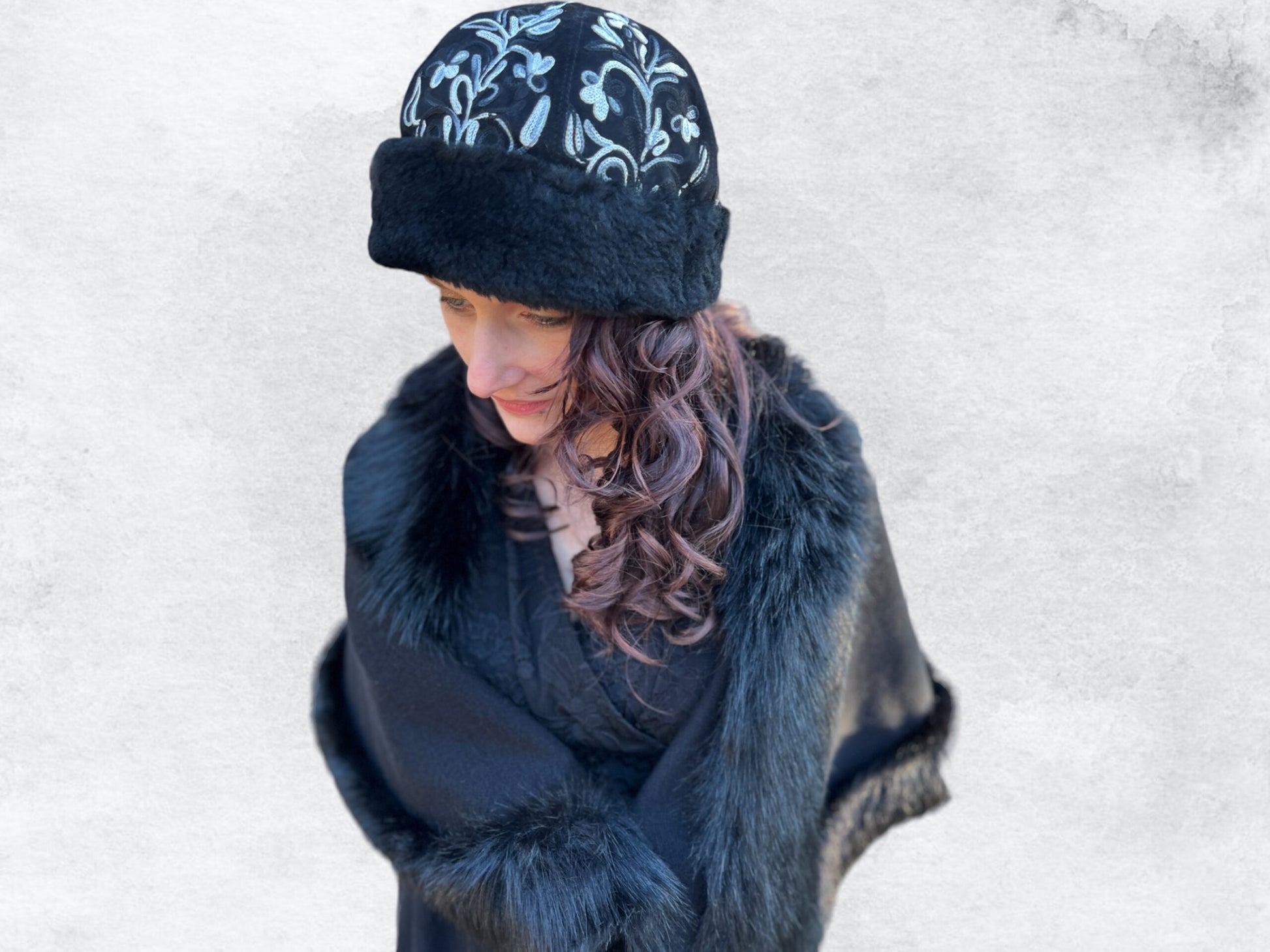 Handcrafted Black and White Suede Embroidered Hat-1