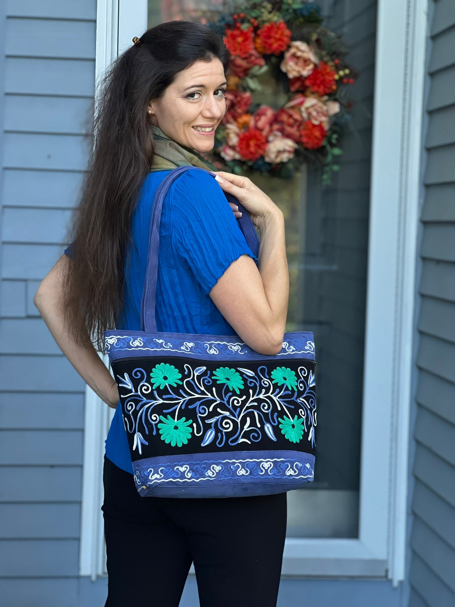 Handmade Black And Blue Suede Embroidered Tote Bag-5