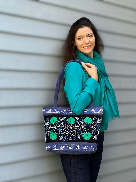 Handmade Black And Blue Suede Embroidered Tote Bag-10