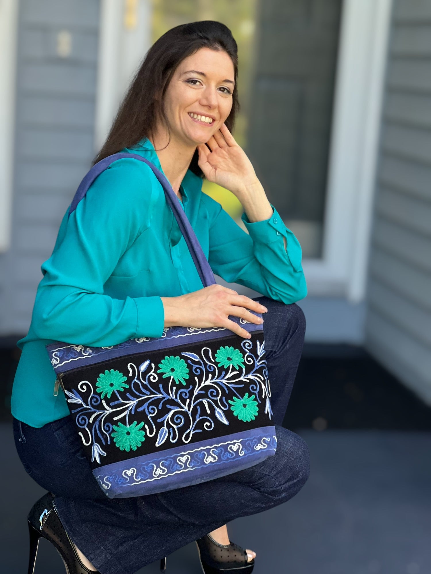 Handmade Black And Blue Suede Embroidered Tote Bag-0